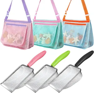 Beach Toy Set Include 3 Mesh Shovels and 3 Beach Mesh Bags,Kids Sand Sifter Colorful Mesh Bag for Shells Collecting