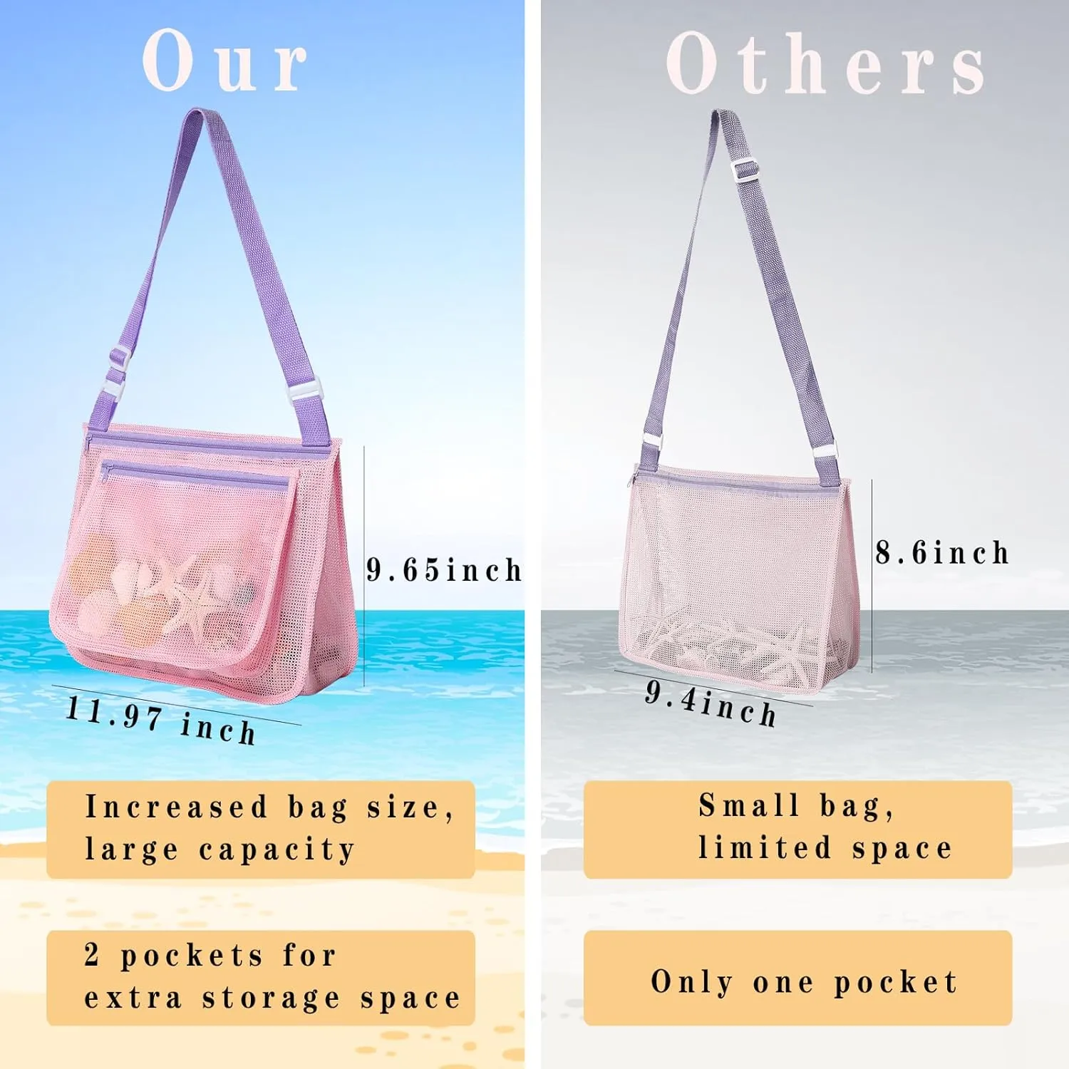 Beach Toy Set Include 3 Mesh Shovels and 3 Beach Mesh Bags,Kids Sand Sifter Colorful Mesh Bag for Shells Collecting