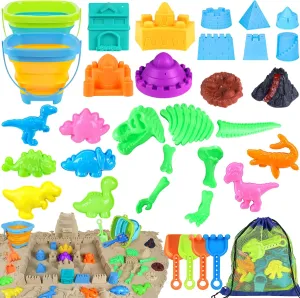 Beach Toys, 34Pcs Dinosaur Sand Toys Set for Kids Toddlers, Sandbox Toys with 2 Collapsible Beach Bucket, Mesh Bag, Castle Sand Toys Kit, Sand Molds, Travel Collapsible Beach Toy for Kids Ages 3-12