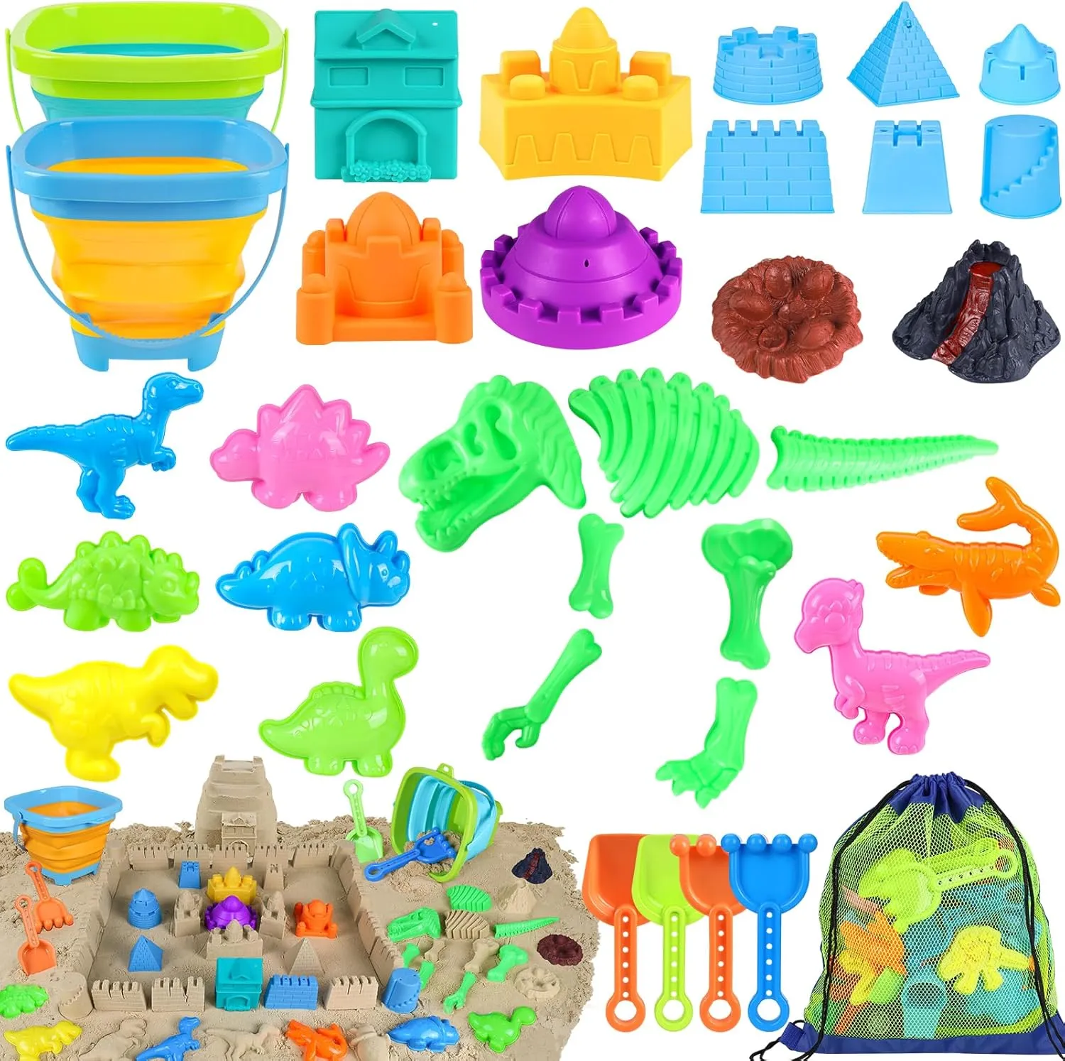 Beach Toys, 34Pcs Dinosaur Sand Toys Set for Kids Toddlers, Sandbox Toys with 2 Collapsible Beach Bucket, Mesh Bag, Castle Sand Toys Kit, Sand Molds, Travel Collapsible Beach Toy for Kids Ages 3-12