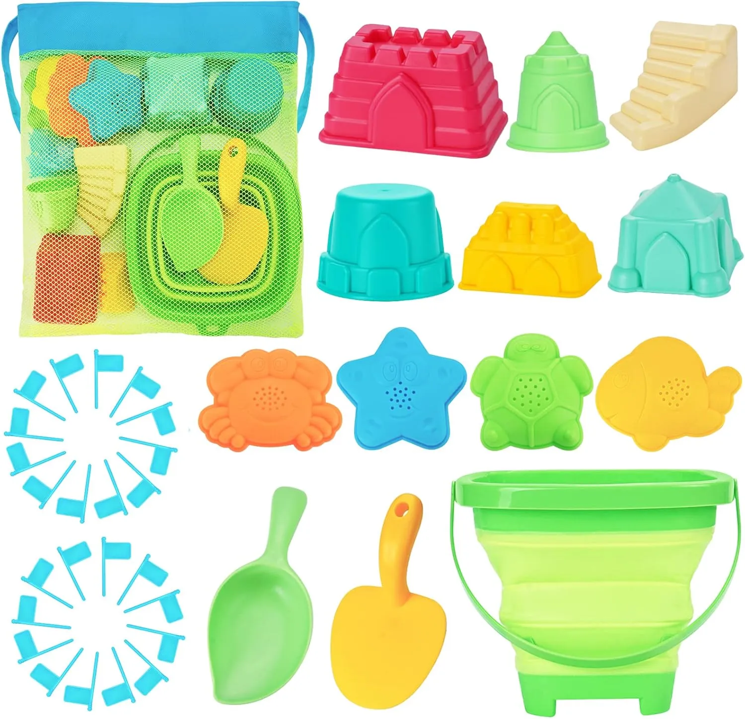 Beach Toys Sand Toys Set for Kids, Collapsible Sand Bucket and Shovels Set with Mesh Bag, Sand Molds, Flags, Sandbox Toys for Kids and Toddlers, Travel Sand Toys for Beach (Middle Size)