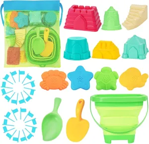 Beach Toys Sand Toys Set for Kids, Collapsible Sand Bucket and Shovels Set with Mesh Bag, Sand Molds, Flags, Sandbox Toys for Kids and Toddlers, Travel Sand Toys for Beach (Middle Size)