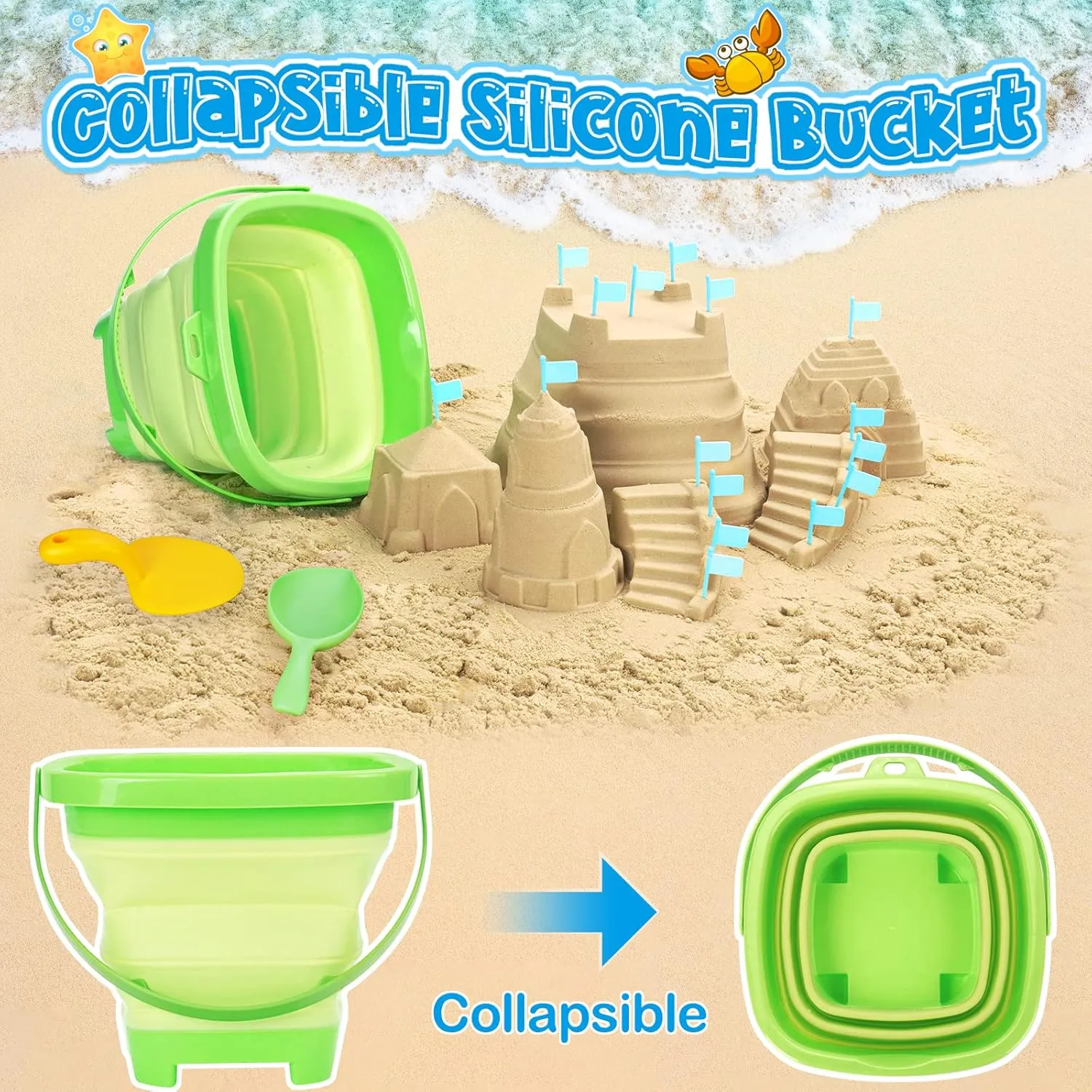 Beach Toys Sand Toys Set for Kids, Collapsible Sand Bucket and Shovels Set with Mesh Bag, Sand Molds, Flags, Sandbox Toys for Kids and Toddlers, Travel Sand Toys for Beach (Middle Size)