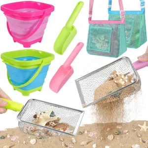 Beach Toys, Sand Toys with 2 Collapsible Buckets, Mesh Shovels, Sand Shovels, Mesh Bags for Shell Collecting, Shark Tooth Sifter Sand Dipper Beach Scoop for Kids Boys Girls
