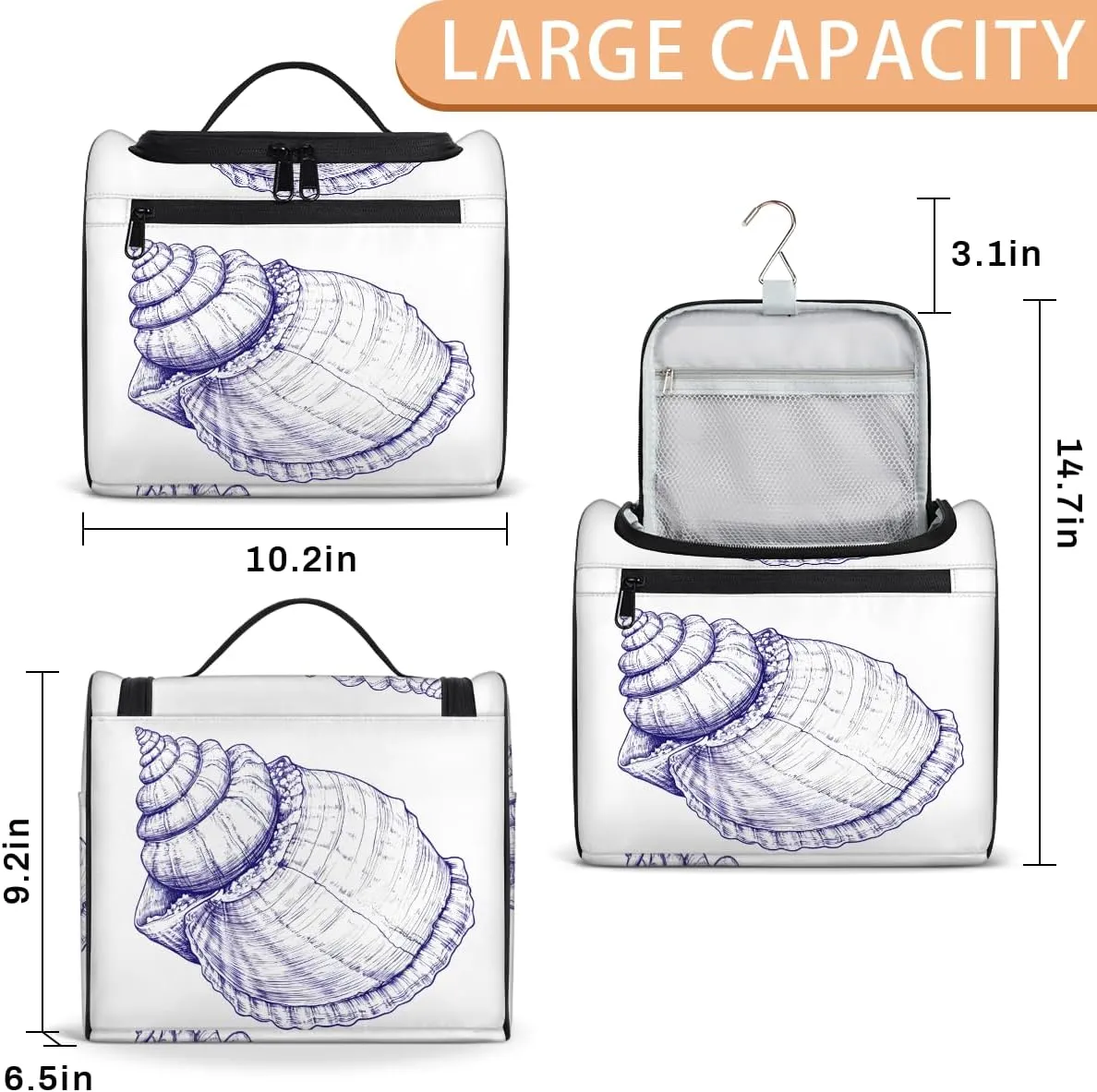 Beach Travel Toiletry Bag for Women Large Capacity Wide-open Makeup Organizer Cosmetic Travel Bags for Toiletries, Seashell Beach Theme