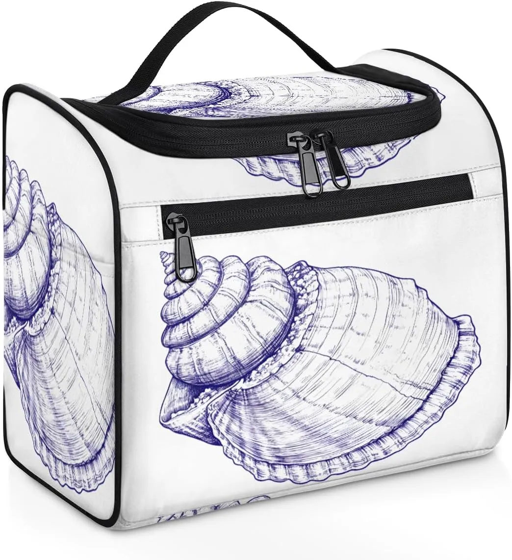 Beach Travel Toiletry Bag for Women Large Capacity Wide-open Makeup Organizer Cosmetic Travel Bags for Toiletries, Seashell Beach Theme
