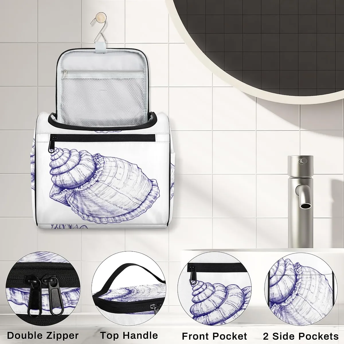 Beach Travel Toiletry Bag for Women Large Capacity Wide-open Makeup Organizer Cosmetic Travel Bags for Toiletries, Seashell Beach Theme
