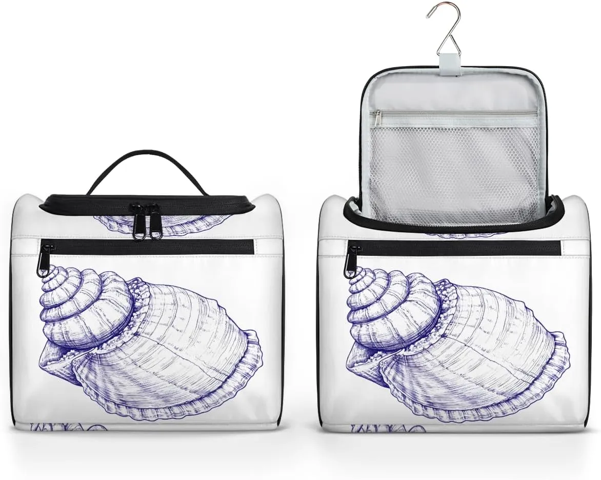 Beach Travel Toiletry Bag for Women Large Capacity Wide-open Makeup Organizer Cosmetic Travel Bags for Toiletries, Seashell Beach Theme