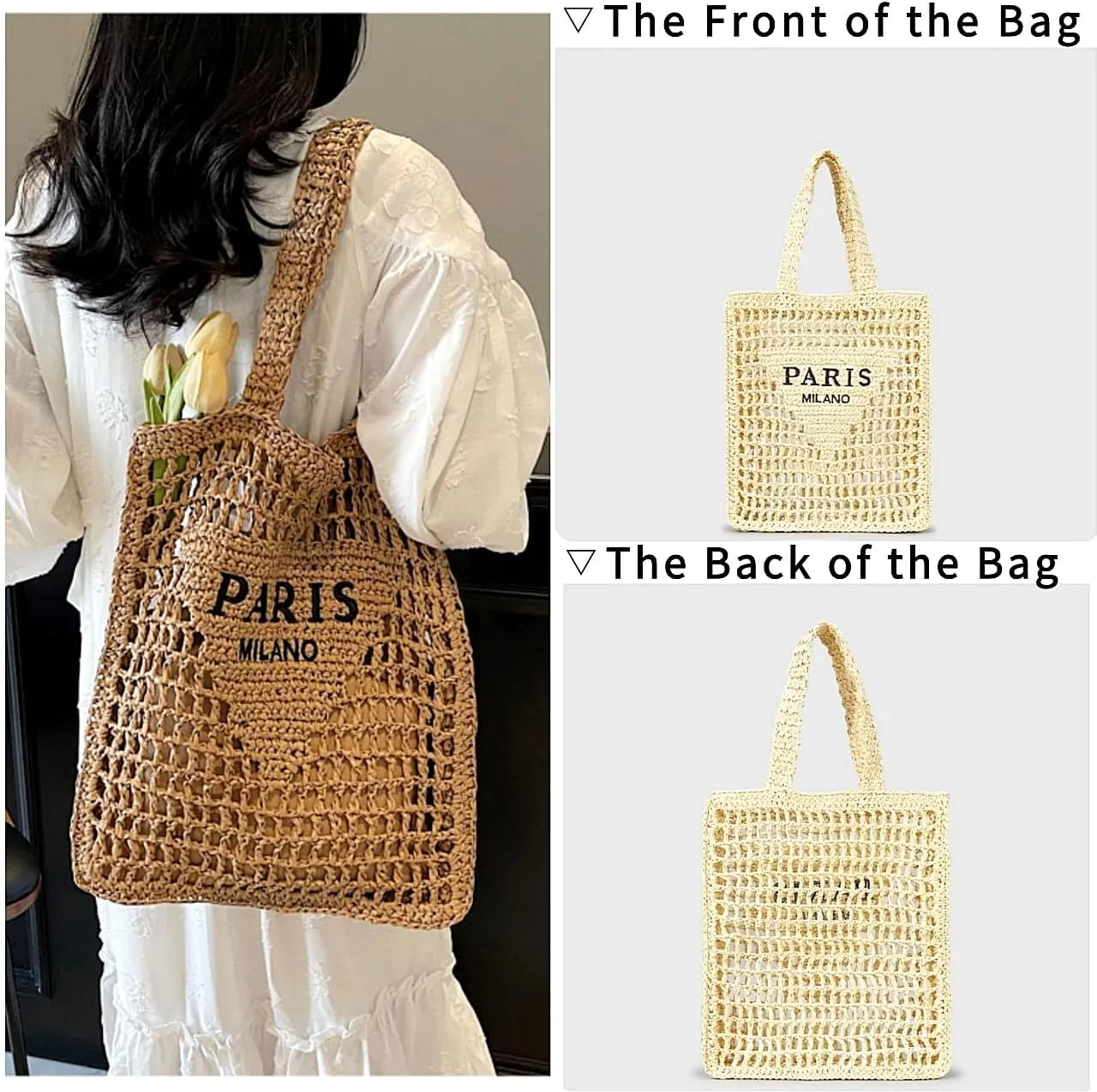 Beach Woven Crochet Bag for Women Straw Hobo Mesh Tote Knit Bags, for Daily Picnic Summer Holiday Travel Vacation