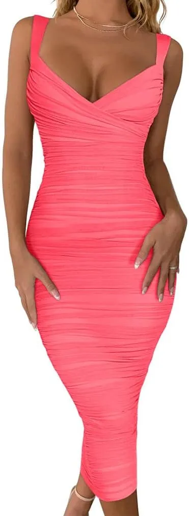 BEAGIMEG Women's Sexy Bodycon Sleeveless Ruched Mesh Club Party Midi Dress