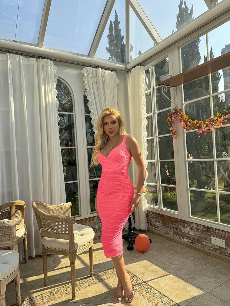 BEAGIMEG Women's Sexy Bodycon Sleeveless Ruched Mesh Club Party Midi Dress