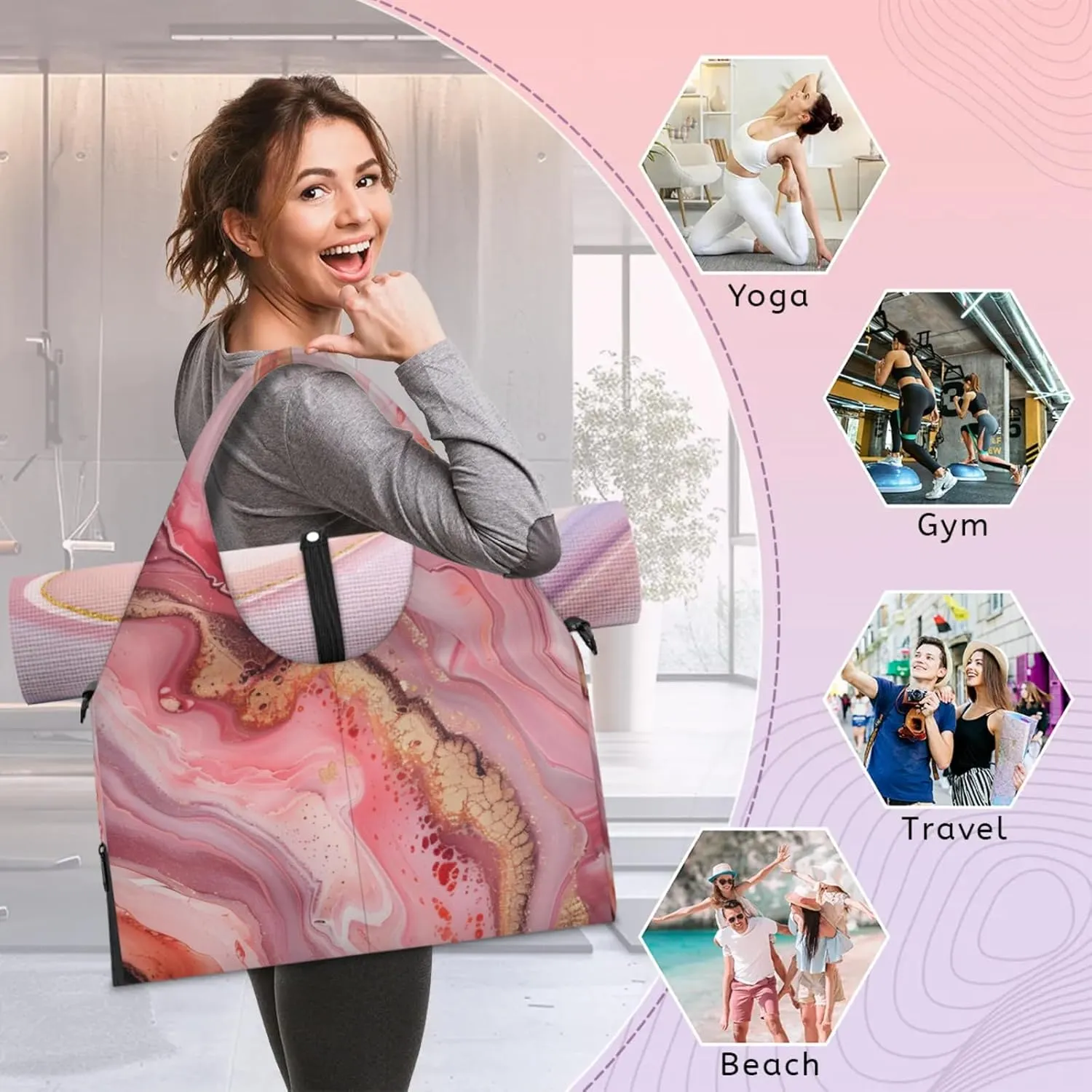 Beautiful Marble Paper Gym Bag Yoga Mat Tote for Women with Shoes Compartment Lightweight Duffle Travel Carrier Wet Dry Storage Pockets Adjustable Pilates Mats Shoulder Bags for Sport Swim