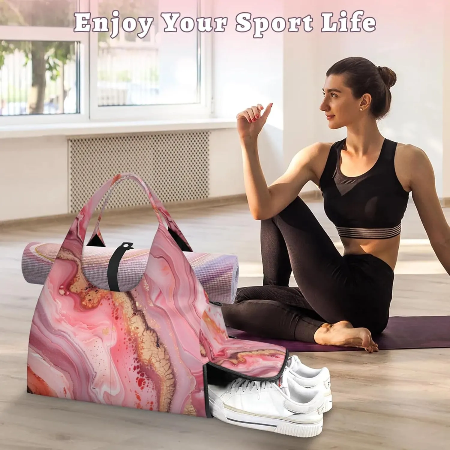 Beautiful Marble Paper Gym Bag Yoga Mat Tote for Women with Shoes Compartment Lightweight Duffle Travel Carrier Wet Dry Storage Pockets Adjustable Pilates Mats Shoulder Bags for Sport Swim