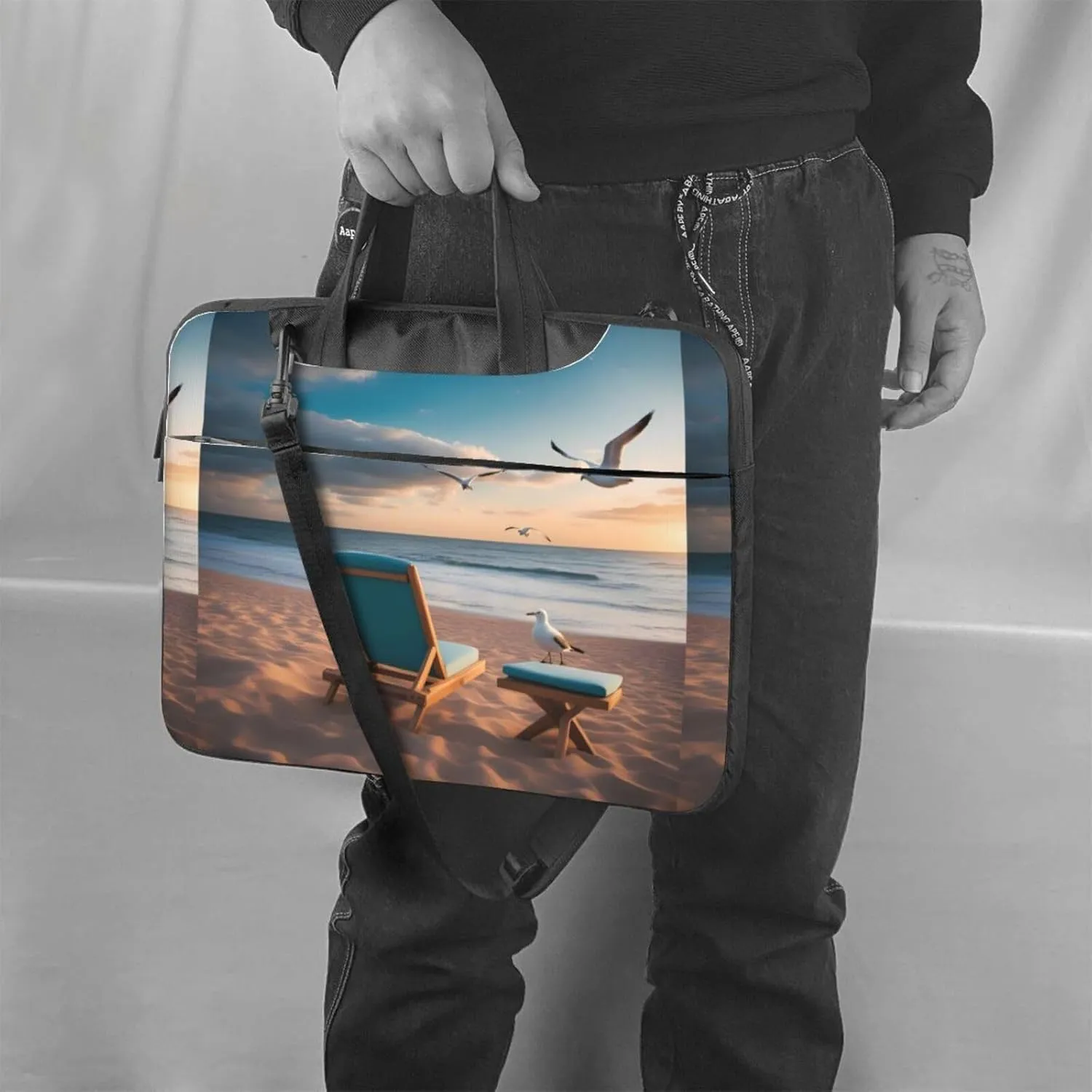 Beautiful Seashore Shockproof Portable Shoulder Laptop Bag For Daily Work Business Meetings