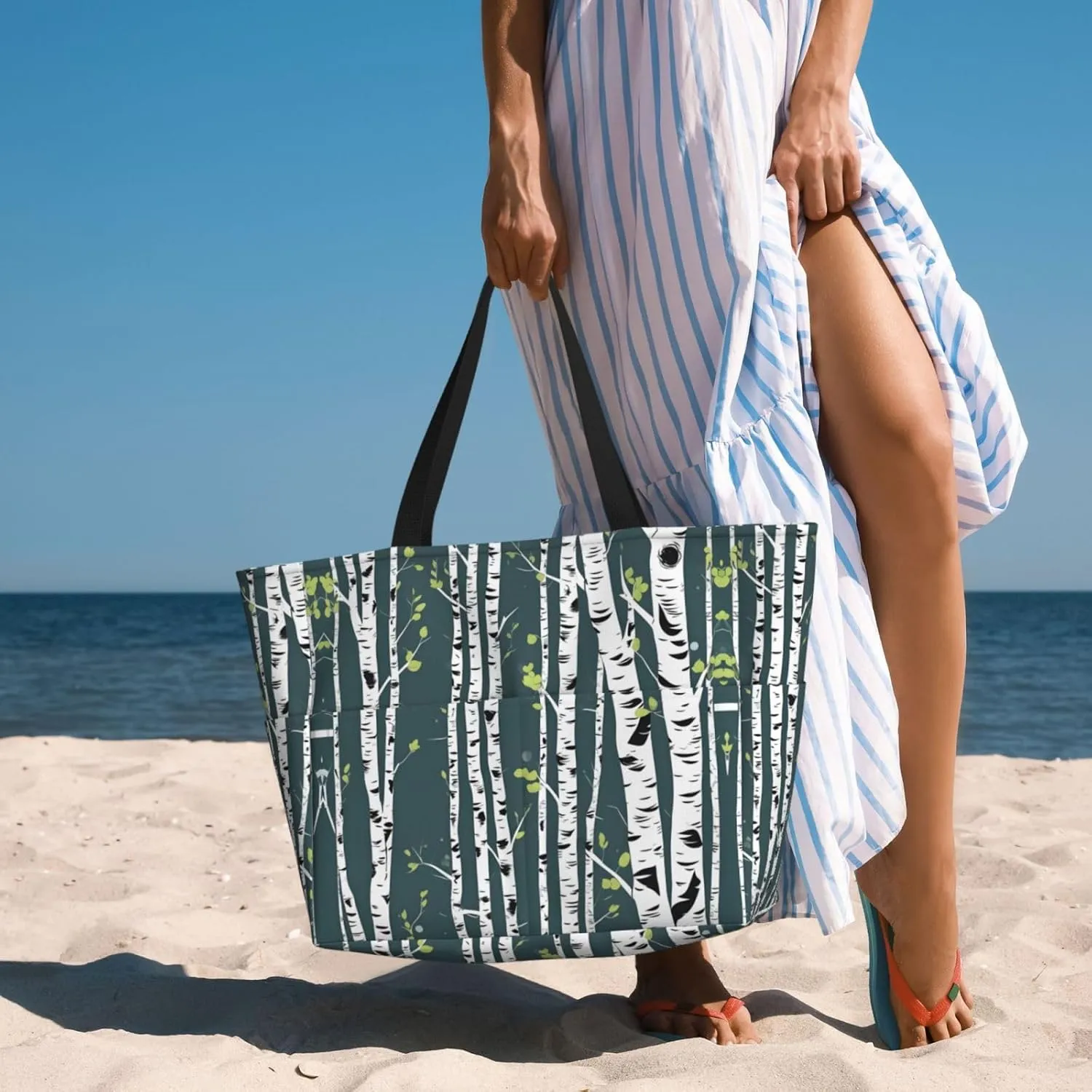 Beauty Birch Tree Large Capacity Foldable Tote Bag Women Beach Tote Bag Handbag Gym Bag Travel Shopping Bag