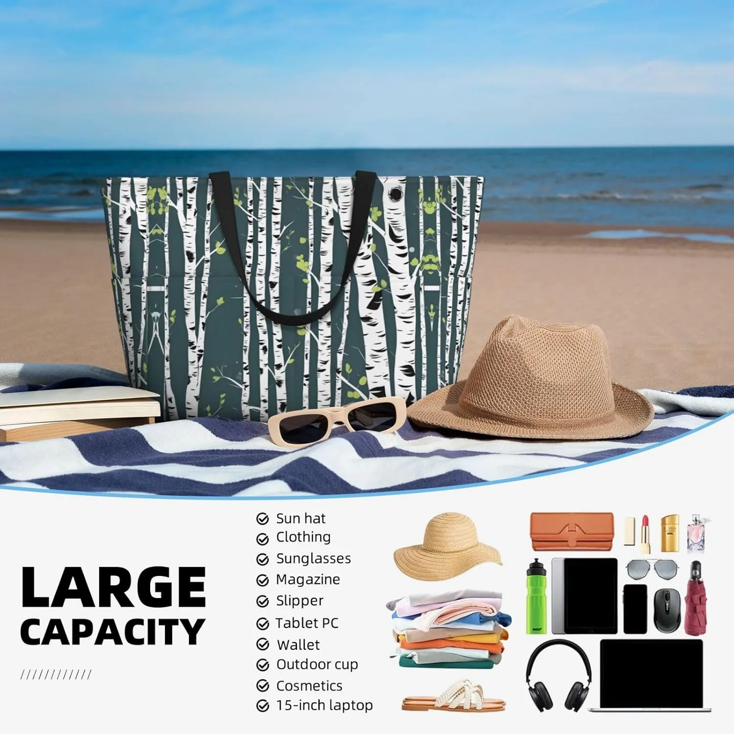 Beauty Birch Tree Large Capacity Foldable Tote Bag Women Beach Tote Bag Handbag Gym Bag Travel Shopping Bag