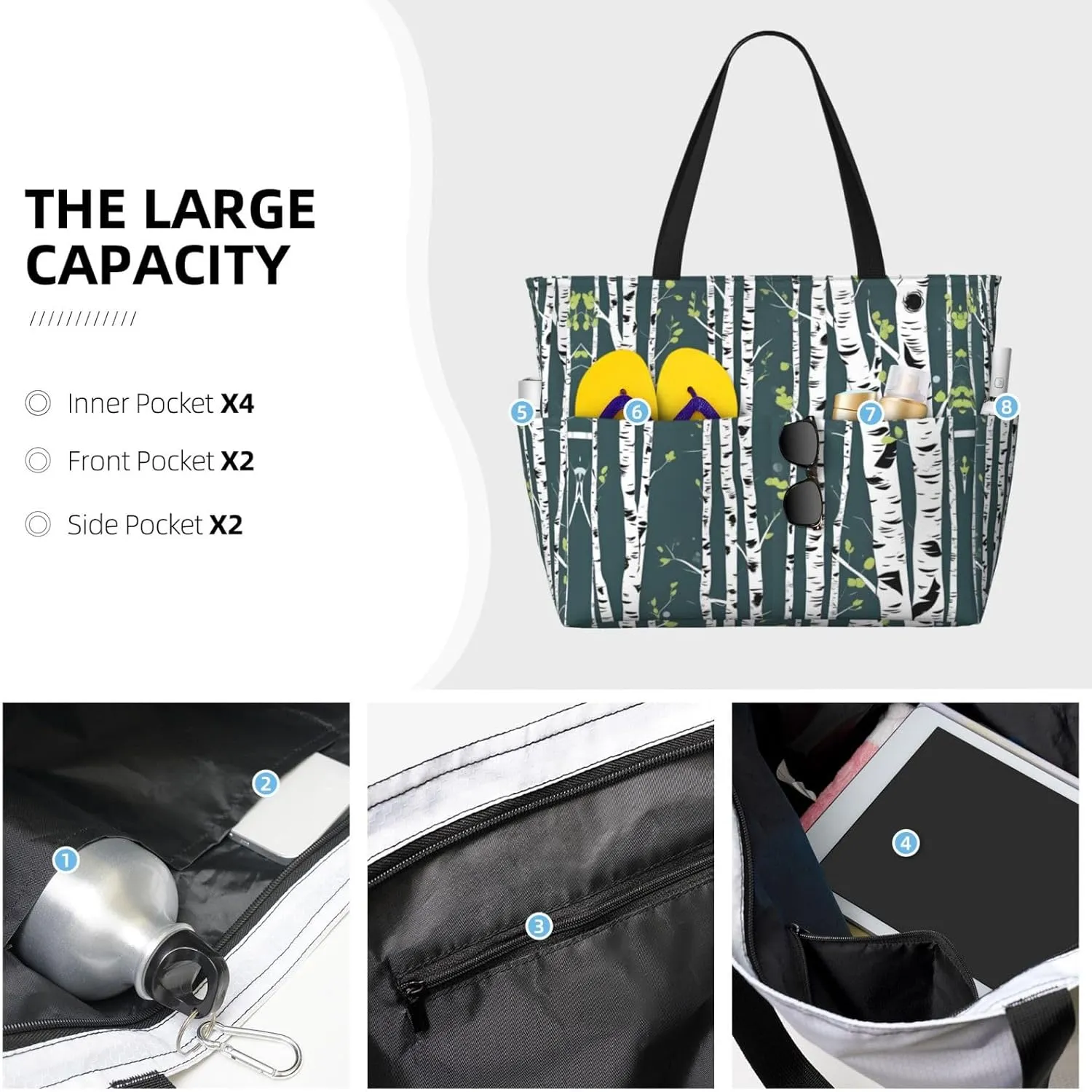 Beauty Birch Tree Large Capacity Foldable Tote Bag Women Beach Tote Bag Handbag Gym Bag Travel Shopping Bag