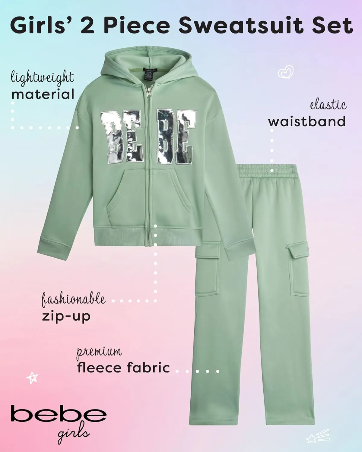 bebe Girls' Sweatsuit Set - 2 Piece Soft Fleece Full Zip Up Hoodie and Cargo Pants Set for Girls (7-12)