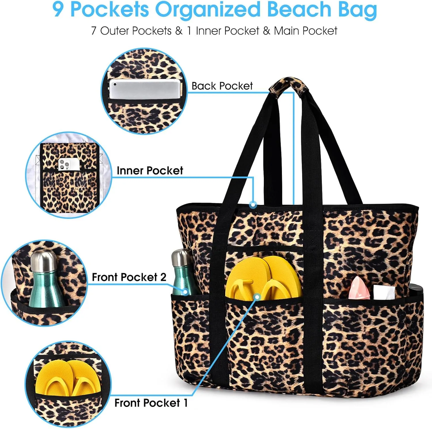 Becokan Beach Bags for Women Large Beach Tote Bag with Zipper Pockets Beach Bag Waterproof Sandproof Travel Nurse Tote Bag