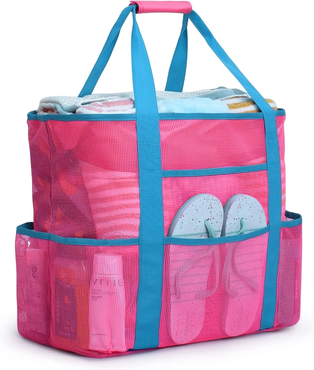Becokan Beach Bags for Women Mesh Beach Bag for Women Swim Pool Bag Beach Tote Bag for Vacation Zipper Closure 9 Pockets