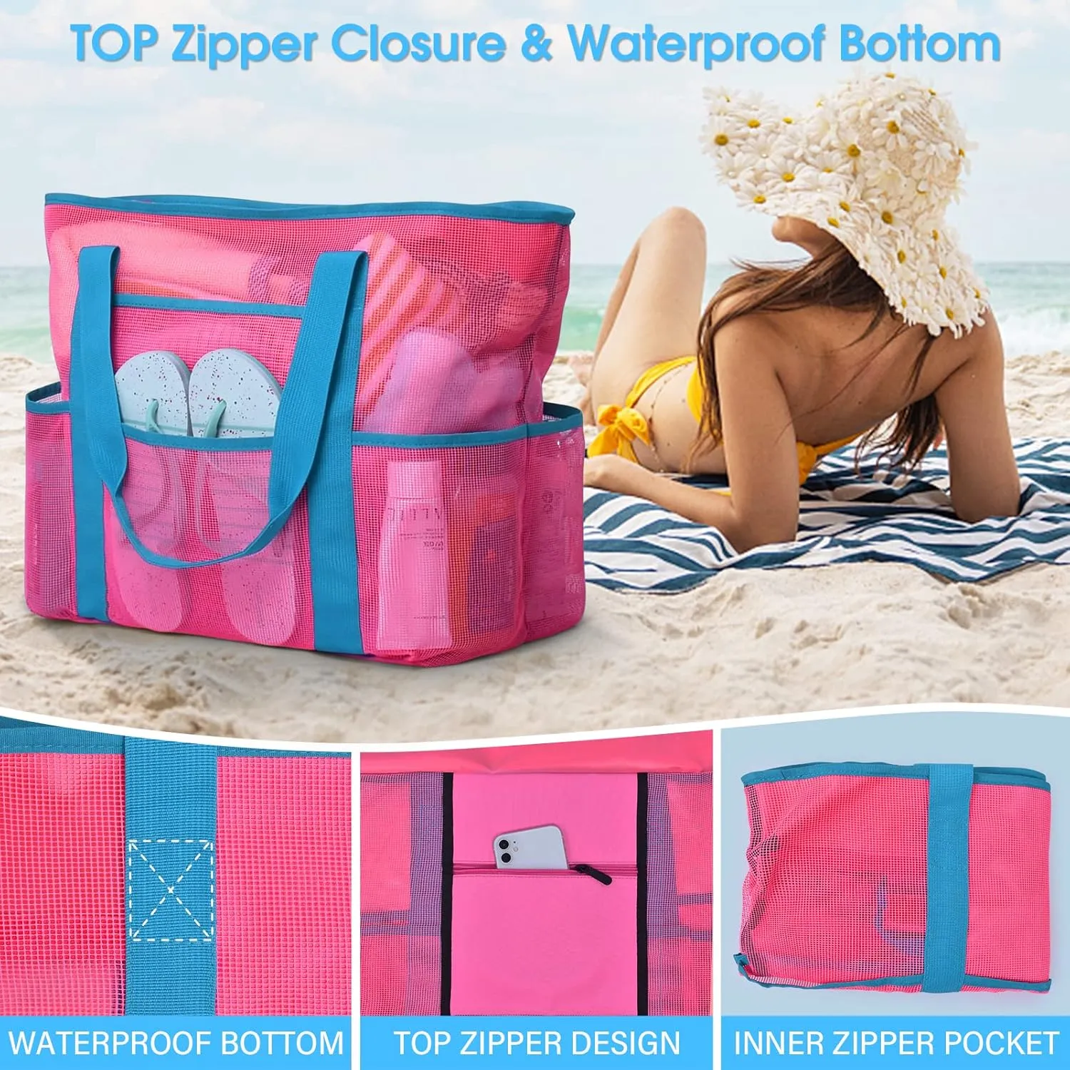 Becokan Beach Bags for Women Mesh Beach Bag for Women Swim Pool Bag Beach Tote Bag for Vacation Zipper Closure 9 Pockets