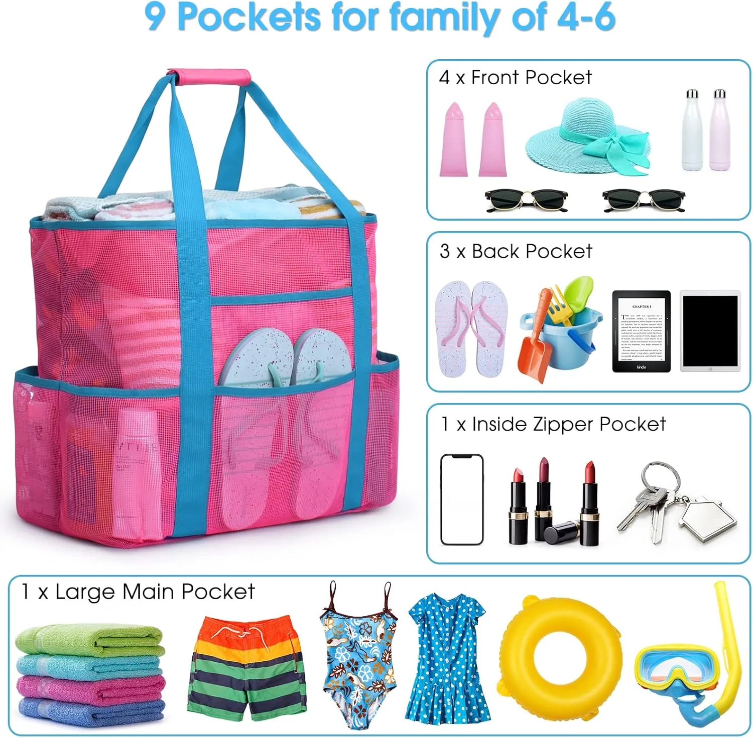 Becokan Beach Bags for Women Mesh Beach Bag for Women Swim Pool Bag Beach Tote Bag for Vacation Zipper Closure 9 Pockets