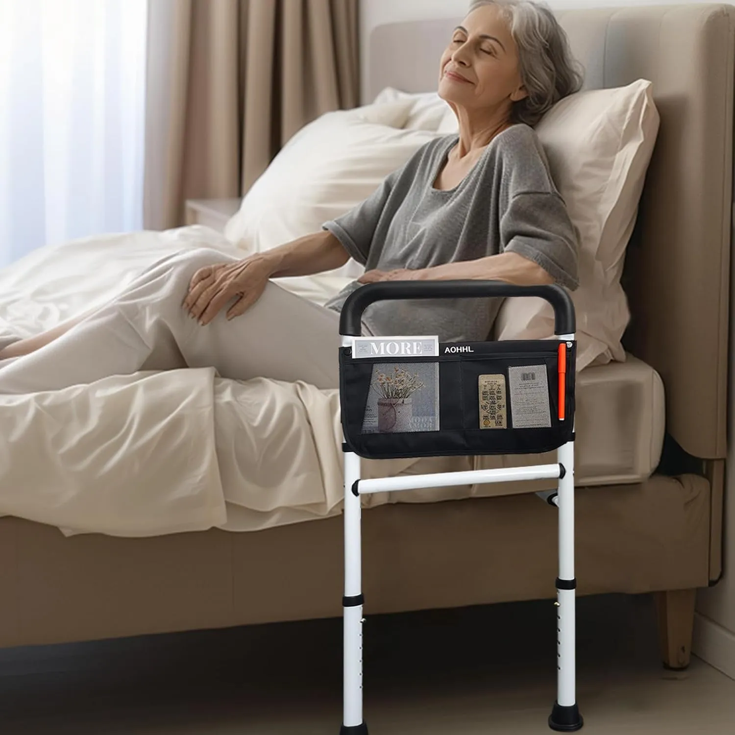 Bed Rails for Elderly Adults Safety with Adjustable Heights Storage Pocket Assist Support Side Railings for Seniors Citizens Slides Under Mattressbed Cane Medical Bed Guard Bed Handles Bars (White)