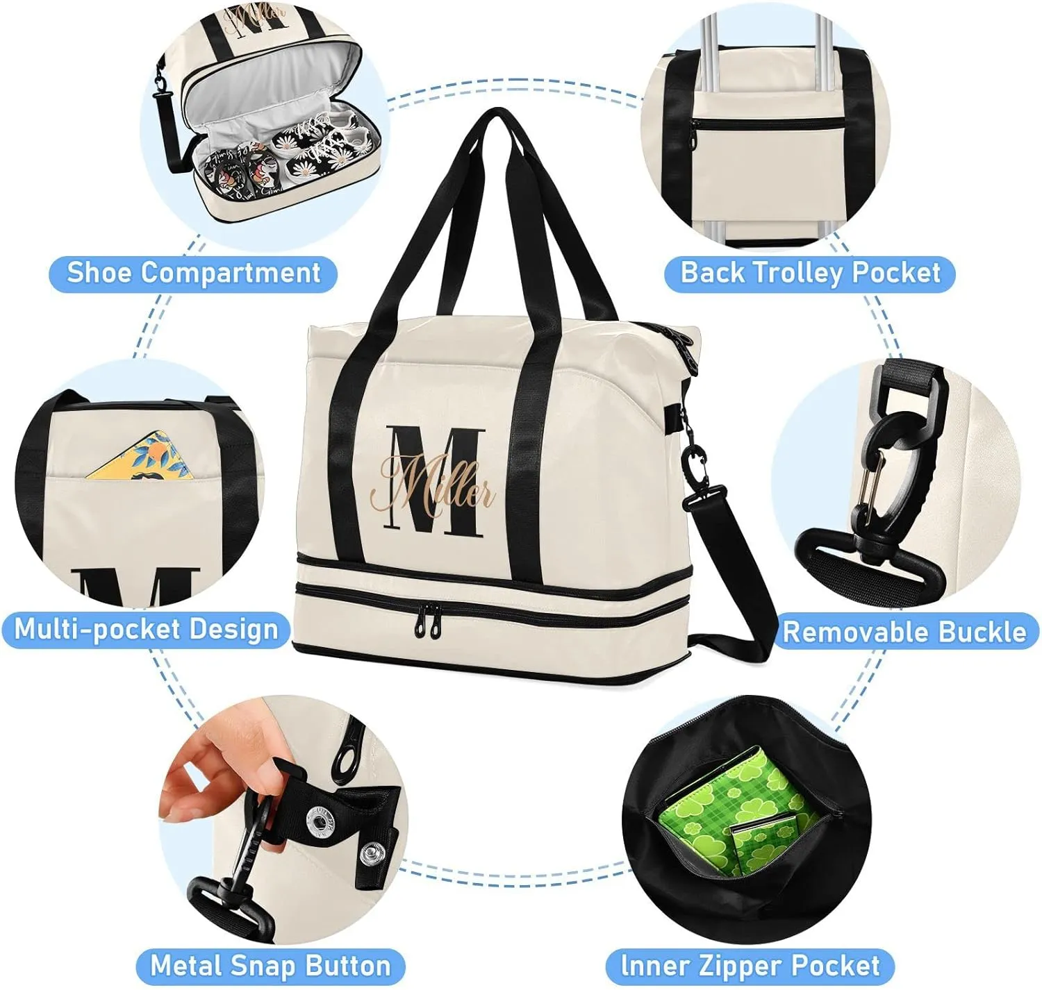 Beige Custom Travel Duffel Bag for Women Men Gym Bag with Shoe Compartment Wet Pocket Personalized Carry On Weekender Overnight Bags for Traveling Gym Workout
