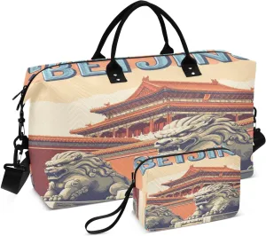 Beijing Palace Lion Sports Gym Bag for Women Men Travel Duffel Bag Weekend Overnight Carry on Bag with Toiletry Bag Training Handbag for Plane Hospital Swimming Yoga Workout