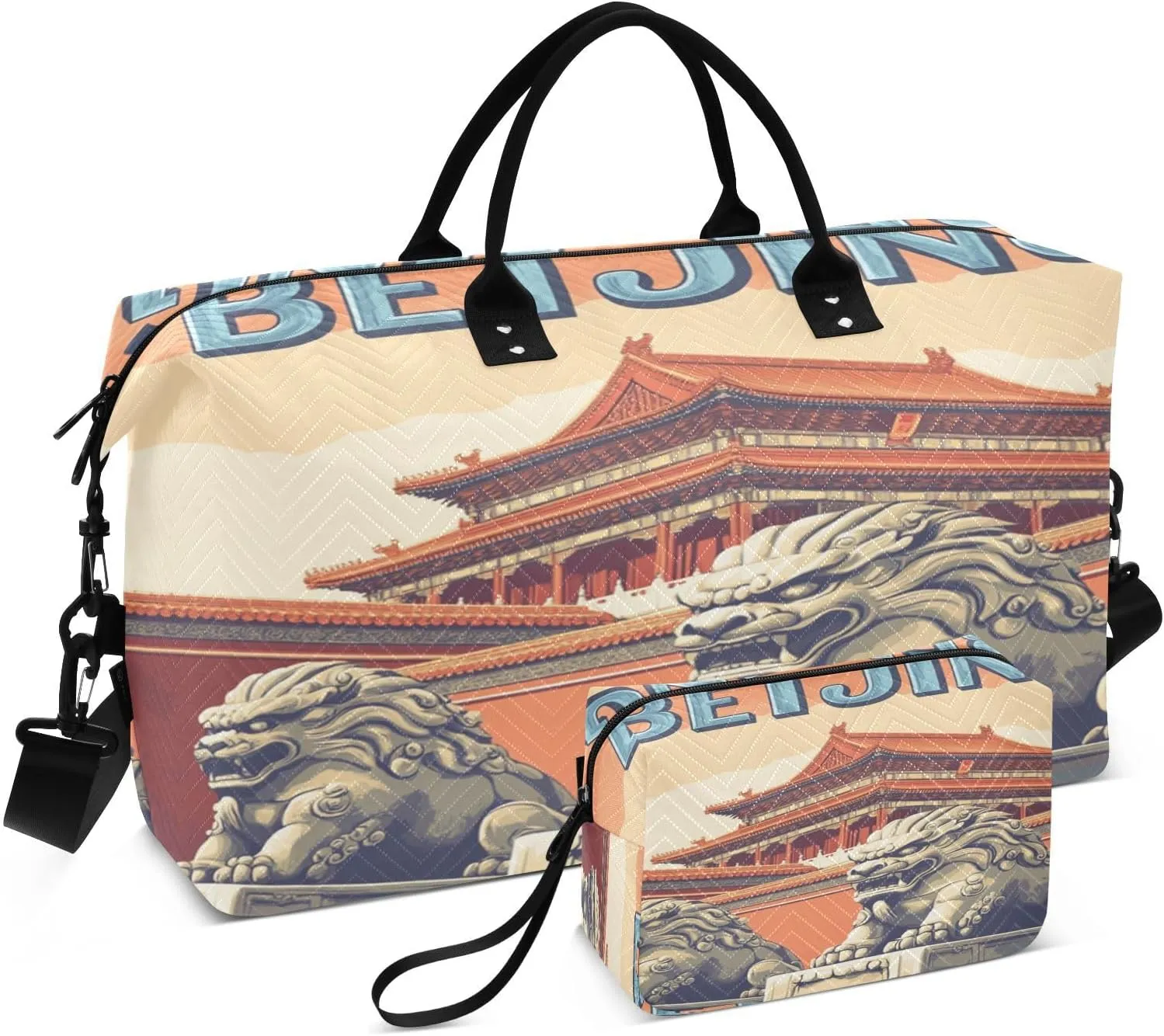 Beijing Palace Lion Sports Gym Bag for Women Men Travel Duffel Bag Weekend Overnight Carry on Bag with Toiletry Bag Training Handbag for Plane Hospital Swimming Yoga Workout