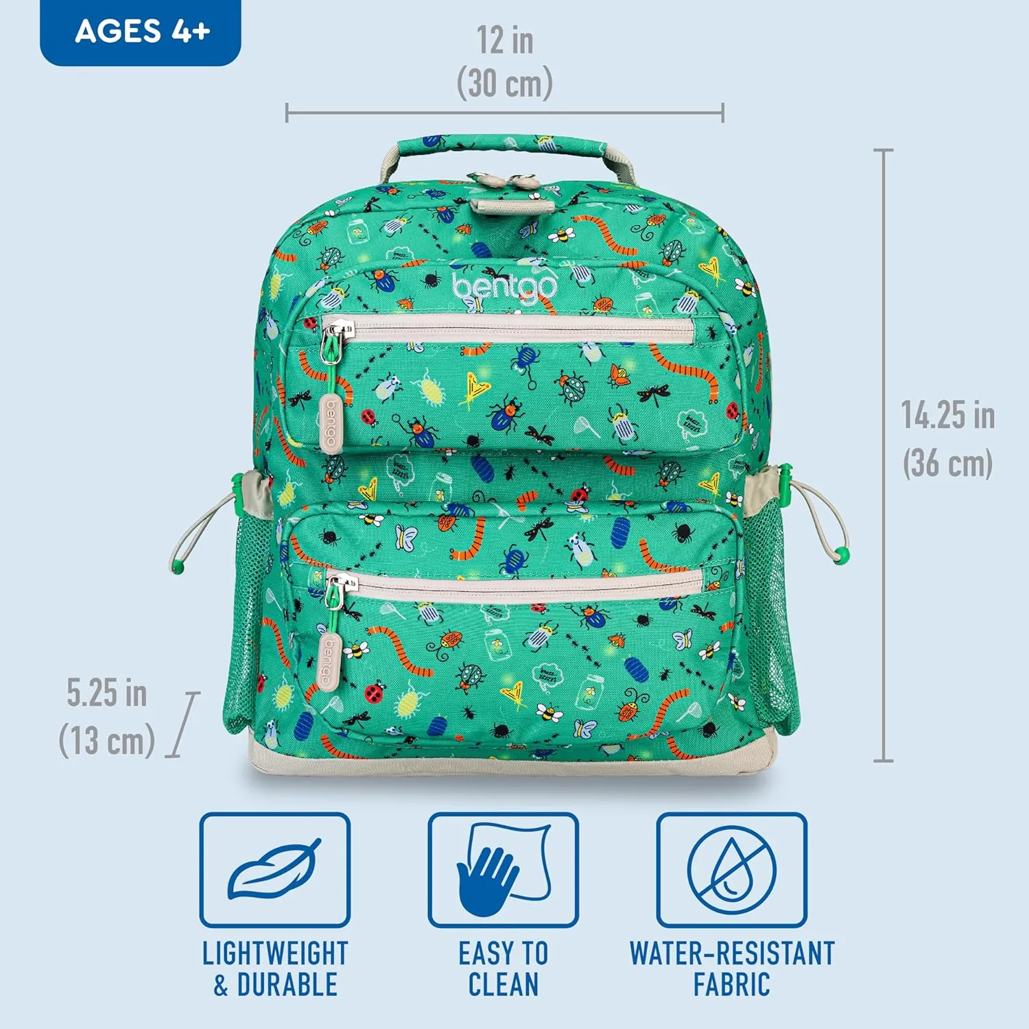 Bentgo Kids Backpack - Lightweight 14” Backpack in Fun Prints for School, Travel, & Daycare, Ideal for Ages 4 , Roomy Interior, Durable & Water-Resistant Fabric, & Loop for Lunch Bag (Bug Buddies)