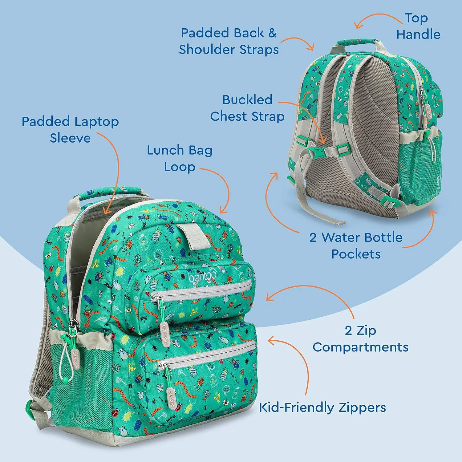 Bentgo Kids Backpack - Lightweight 14” Backpack in Fun Prints for School, Travel, & Daycare, Ideal for Ages 4 , Roomy Interior, Durable & Water-Resistant Fabric, & Loop for Lunch Bag (Bug Buddies)