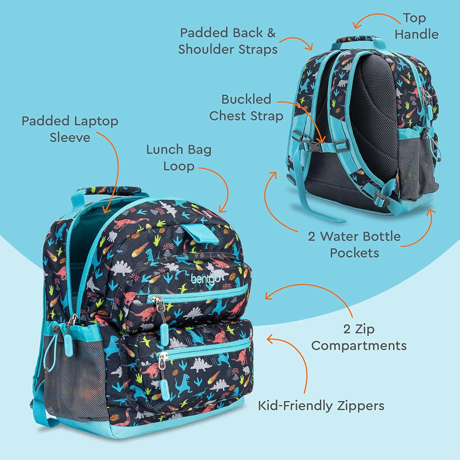 Bentgo Kids Backpack - Lightweight 14” Backpack in Fun Prints for School, Travel, & Daycare, Ideal for Ages 4 , Roomy Interior, Durable & Water-Resistant Fabric, & Loop for Lunch Bag (Dinosaur)