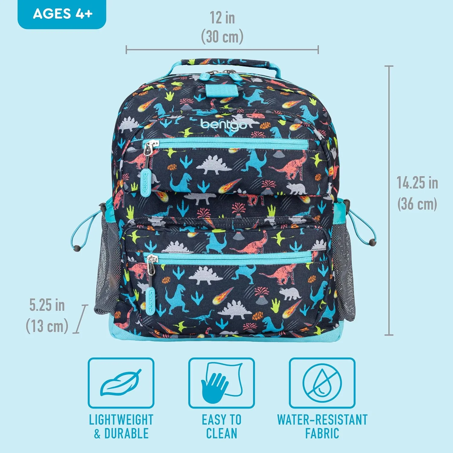 Bentgo Kids Backpack - Lightweight 14” Backpack in Fun Prints for School, Travel, & Daycare, Ideal for Ages 4 , Roomy Interior, Durable & Water-Resistant Fabric, & Loop for Lunch Bag (Dinosaur)