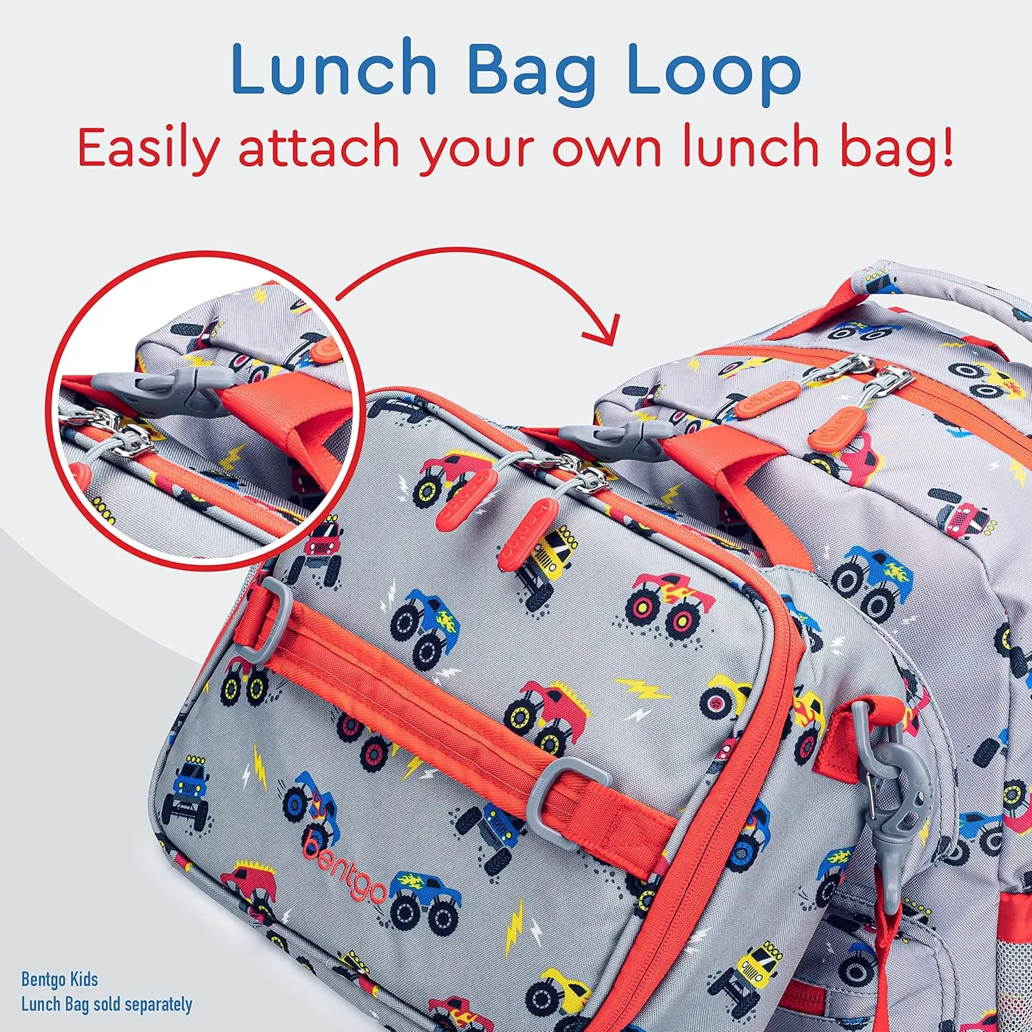 Bentgo Kids Backpack - Lightweight 14” Backpack in Fun Prints for School, Travel, & Daycare, Ideal for Ages 4 , Roomy Interior, Durable & Water-Resistant Fabric, & Loop for Lunch Bag (Trucks)
