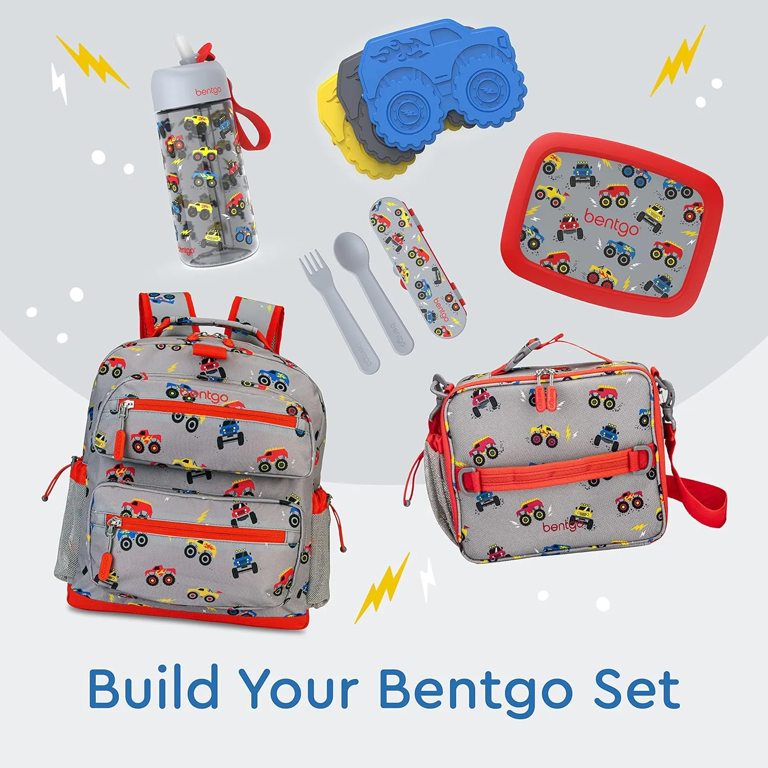 Bentgo Kids Backpack - Lightweight 14” Backpack in Fun Prints for School, Travel, & Daycare, Ideal for Ages 4 , Roomy Interior, Durable & Water-Resistant Fabric, & Loop for Lunch Bag (Trucks)