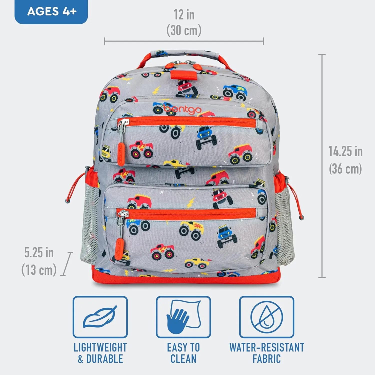 Bentgo Kids Backpack - Lightweight 14” Backpack in Fun Prints for School, Travel, & Daycare, Ideal for Ages 4 , Roomy Interior, Durable & Water-Resistant Fabric, & Loop for Lunch Bag (Trucks)