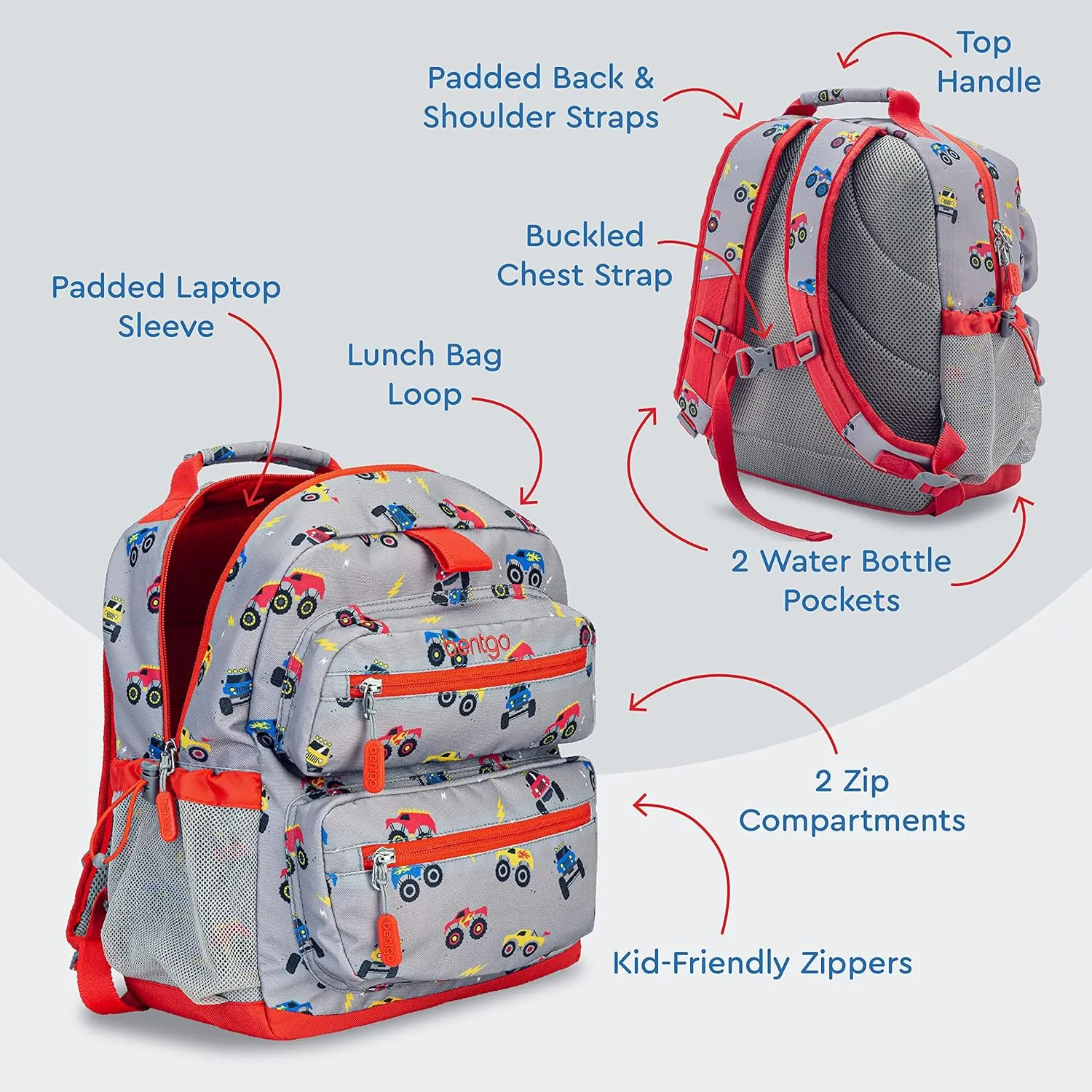 Bentgo Kids Backpack - Lightweight 14” Backpack in Fun Prints for School, Travel, & Daycare, Ideal for Ages 4 , Roomy Interior, Durable & Water-Resistant Fabric, & Loop for Lunch Bag (Trucks)