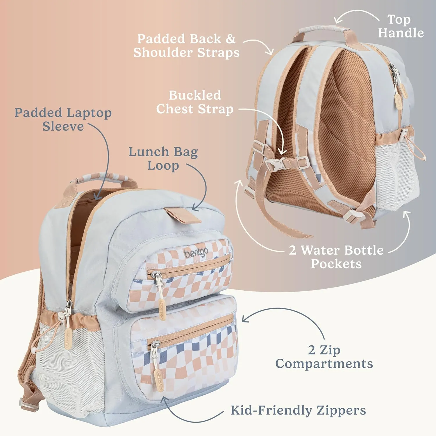 Bentgo Kids Backpack (Whimsy & Wonder Collection) - Lightweight 14’’ for School, Travel & Daycare - Ideal for Kids 4 , Durable & Water-Resistant, Roomy Interior, Loop for Lunch Bag (Checker Gradient)