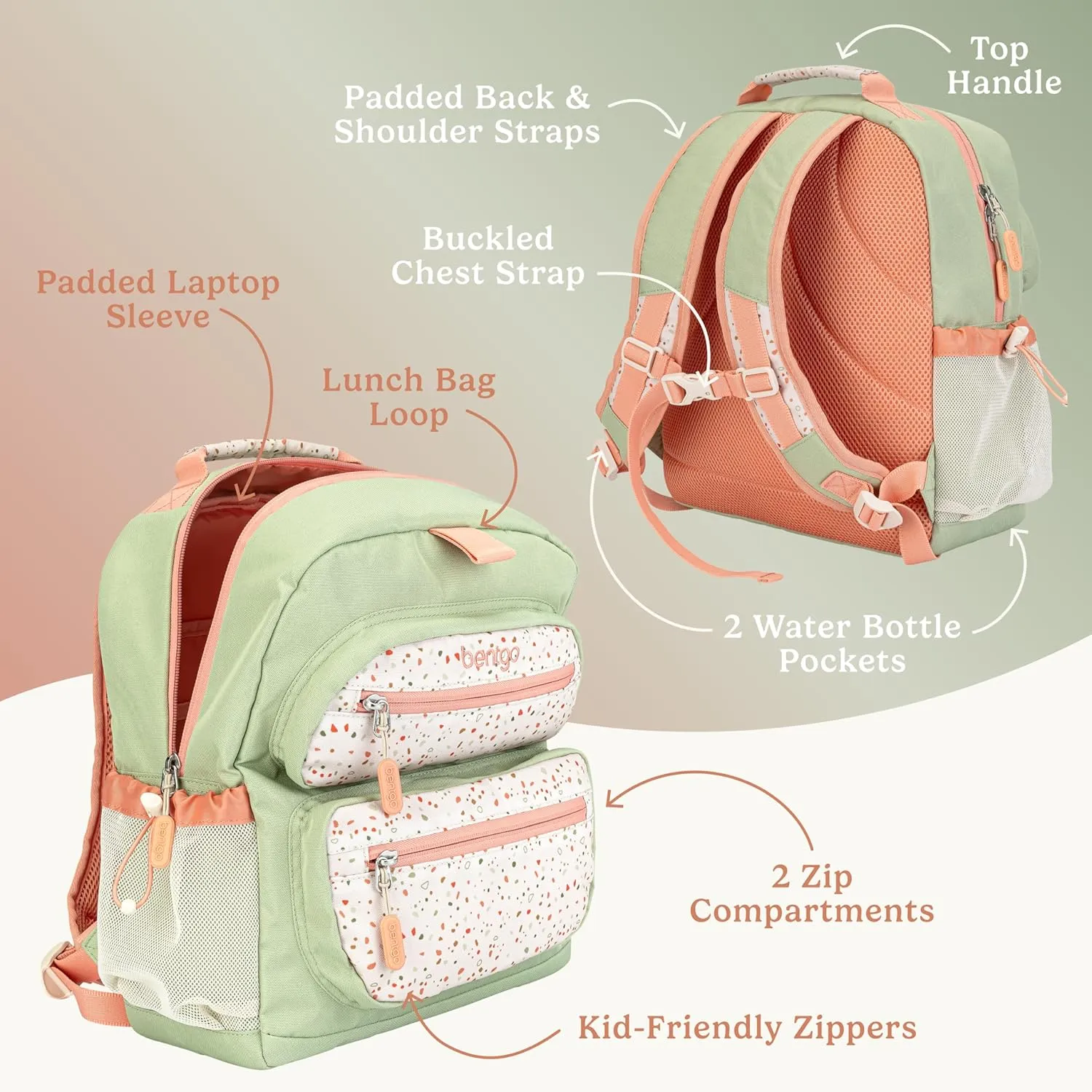 Bentgo Kids Backpack (Whimsy & Wonder Collection) - Lightweight 14’’ for School, Travel & Daycare - Ideal for Kids 4 , Durable & Water-Resistant, Roomy Interior, Loop for Lunch Bag (Geo Speckle)