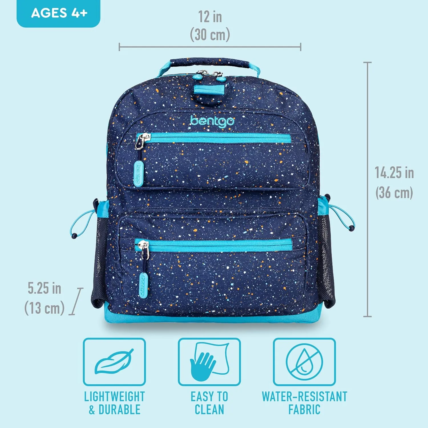 Bentgo Kids Confetti Backpack - Lightweight 14” Backpack for School, Travel & Daycare, Ideal for Ages 4 , Durable & Water-Resistant, Roomy Interior, & Loop for Lunch Bag (Confetti Edition-Abyss Blue)