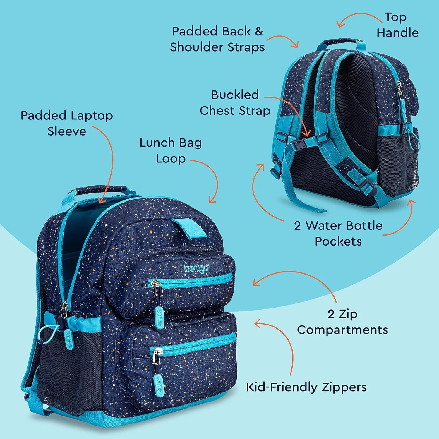 Bentgo Kids Confetti Backpack - Lightweight 14” Backpack for School, Travel & Daycare, Ideal for Ages 4 , Durable & Water-Resistant, Roomy Interior, & Loop for Lunch Bag (Confetti Edition-Abyss Blue)