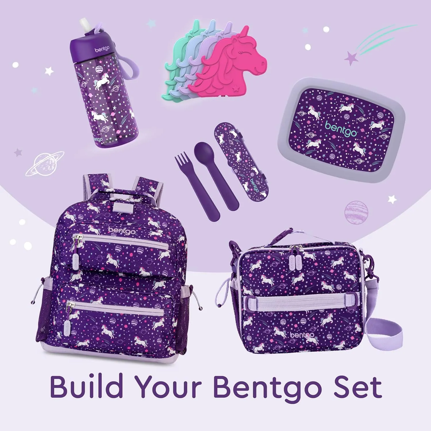 Bentgo Kids Lunch Bag - Durable, Double-Insulated Lunch Bag for Kids 3 ; Holds Lunch Box, Water Bottle, & Snacks; Easy-Clean Water-Resistant Fabric & Multiple Zippered Pockets (Unicorn)
