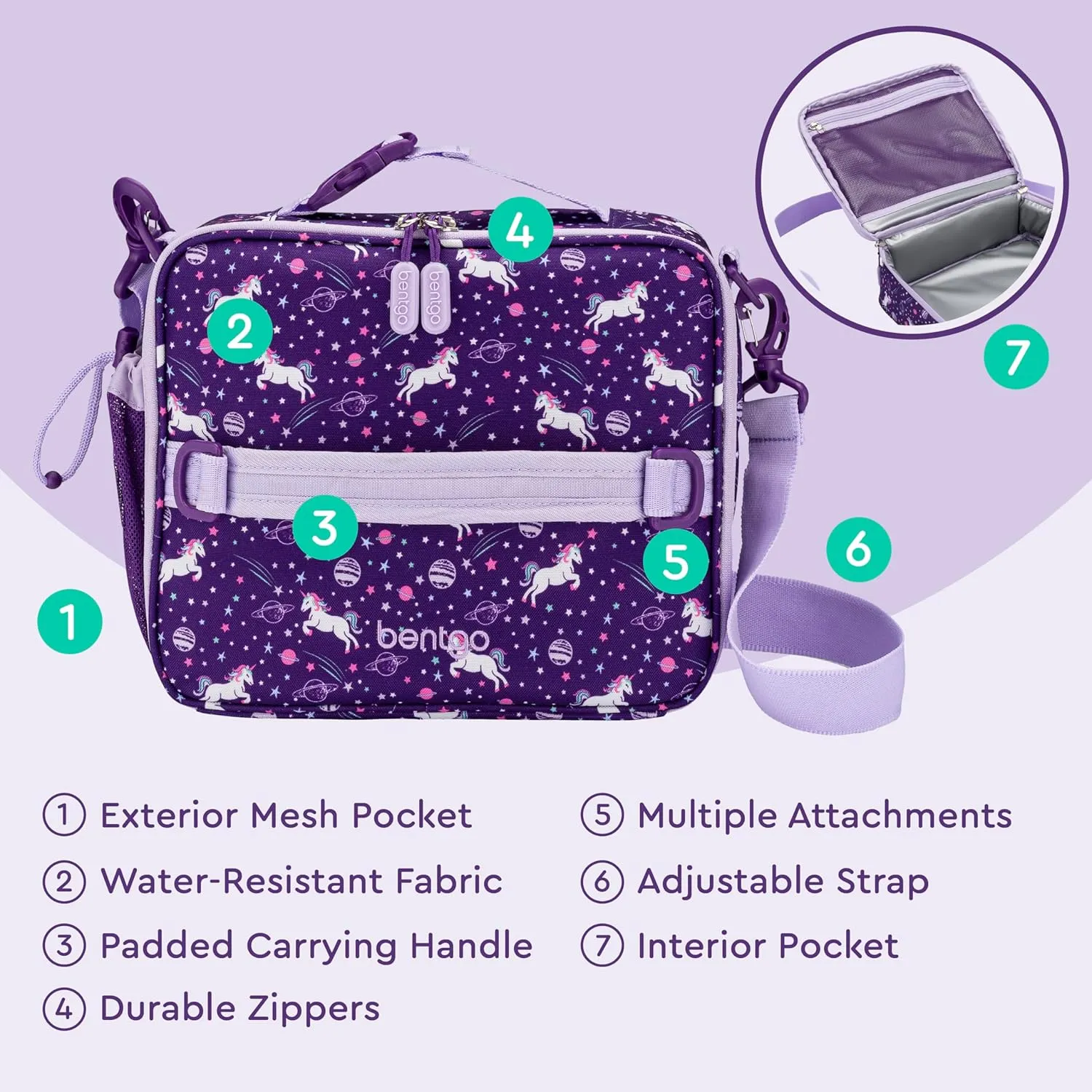 Bentgo Kids Lunch Bag - Durable, Double-Insulated Lunch Bag for Kids 3 ; Holds Lunch Box, Water Bottle, & Snacks; Easy-Clean Water-Resistant Fabric & Multiple Zippered Pockets (Unicorn)