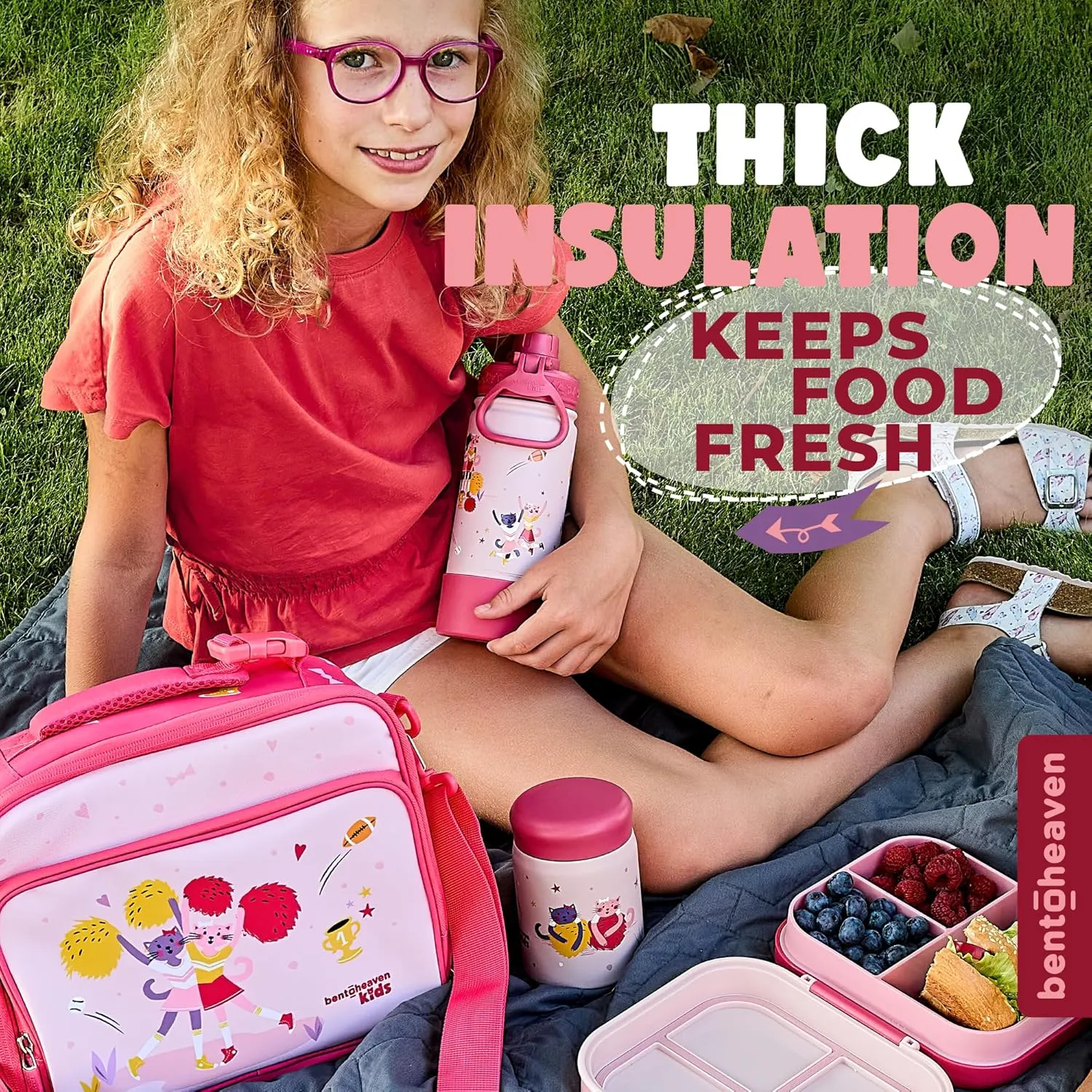 Bentoheaven Insulated Lunch Bag for Kids, Girls & Boys - Large Size Fits Bento Lunch Box, Water Bottle & Snacks - Durable, Easy to Clean, Leakproof - Adjustable Shoulder Strap, Zipper Pockets (Pink)
