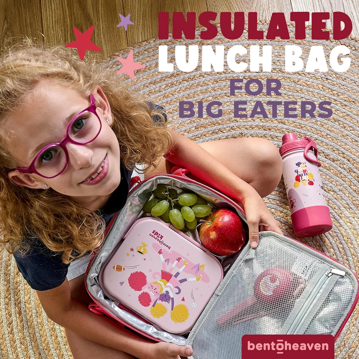 Bentoheaven Insulated Lunch Bag for Kids, Girls & Boys - Large Size Fits Bento Lunch Box, Water Bottle & Snacks - Durable, Easy to Clean, Leakproof - Adjustable Shoulder Strap, Zipper Pockets (Pink)