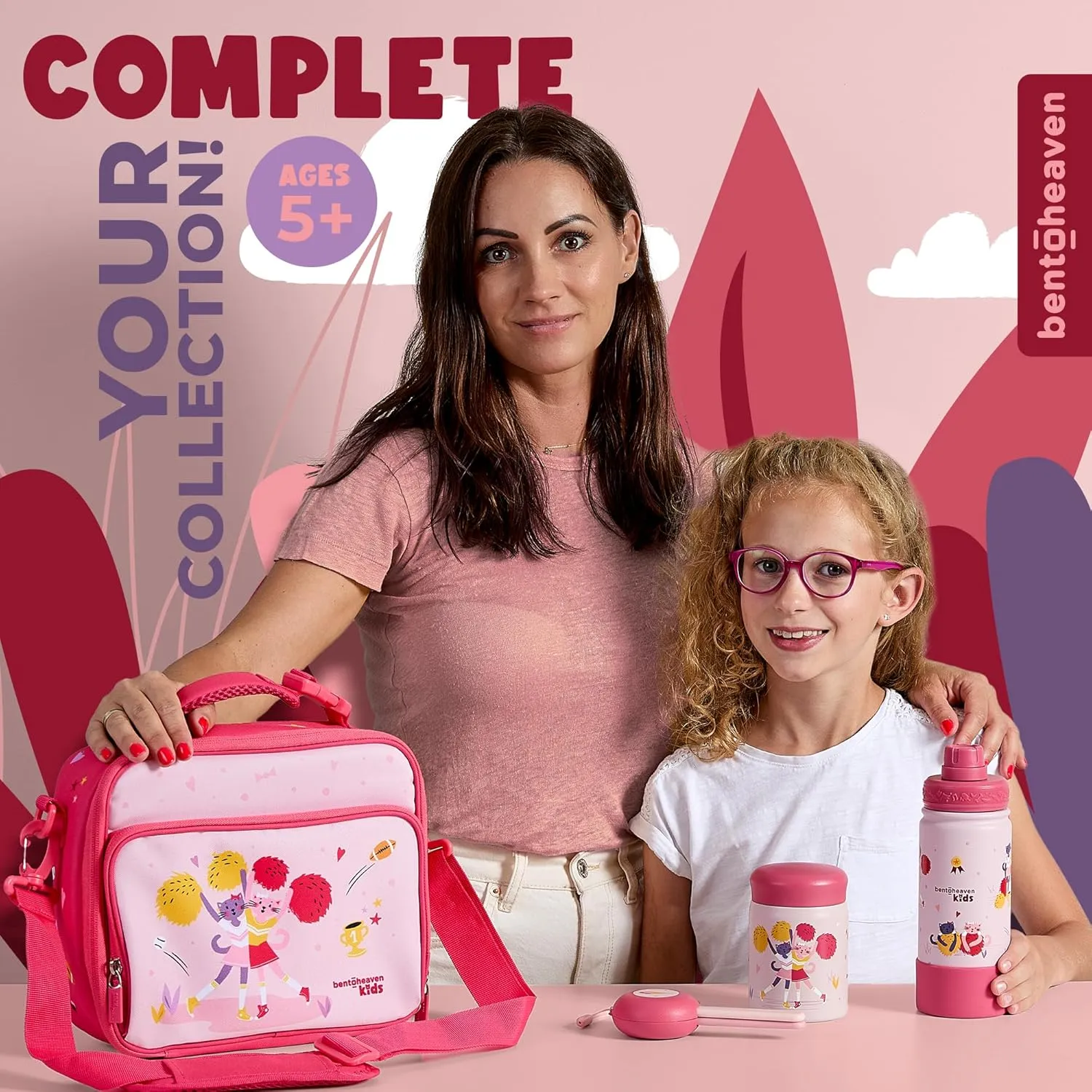 Bentoheaven Insulated Lunch Bag for Kids, Girls & Boys - Large Size Fits Bento Lunch Box, Water Bottle & Snacks - Durable, Easy to Clean, Leakproof - Adjustable Shoulder Strap, Zipper Pockets (Pink)