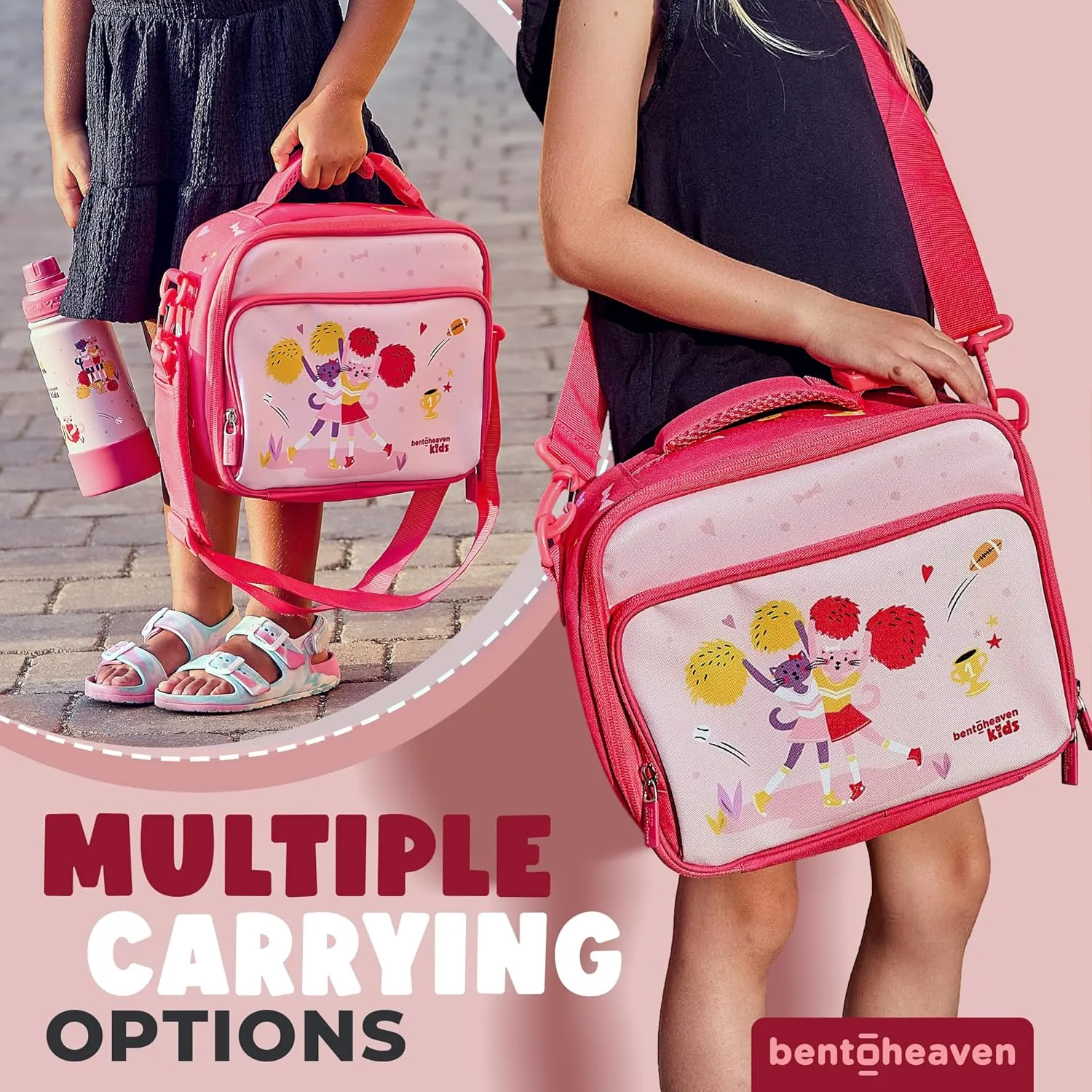 Bentoheaven Insulated Lunch Bag for Kids, Girls & Boys - Large Size Fits Bento Lunch Box, Water Bottle & Snacks - Durable, Easy to Clean, Leakproof - Adjustable Shoulder Strap, Zipper Pockets (Pink)