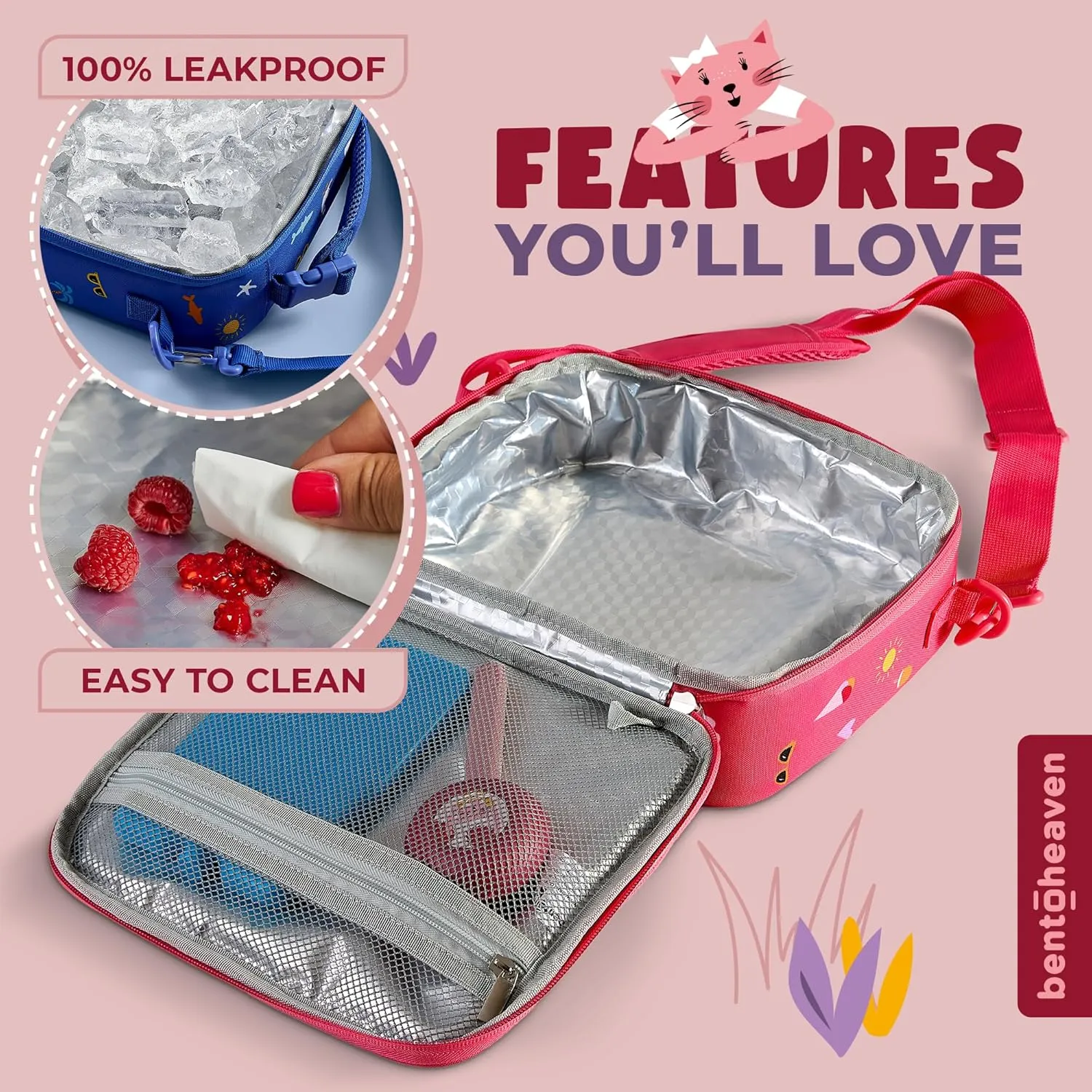 Bentoheaven Insulated Lunch Bag for Kids, Girls & Boys - Large Size Fits Bento Lunch Box, Water Bottle & Snacks - Durable, Easy to Clean, Leakproof - Adjustable Shoulder Strap, Zipper Pockets (Pink)