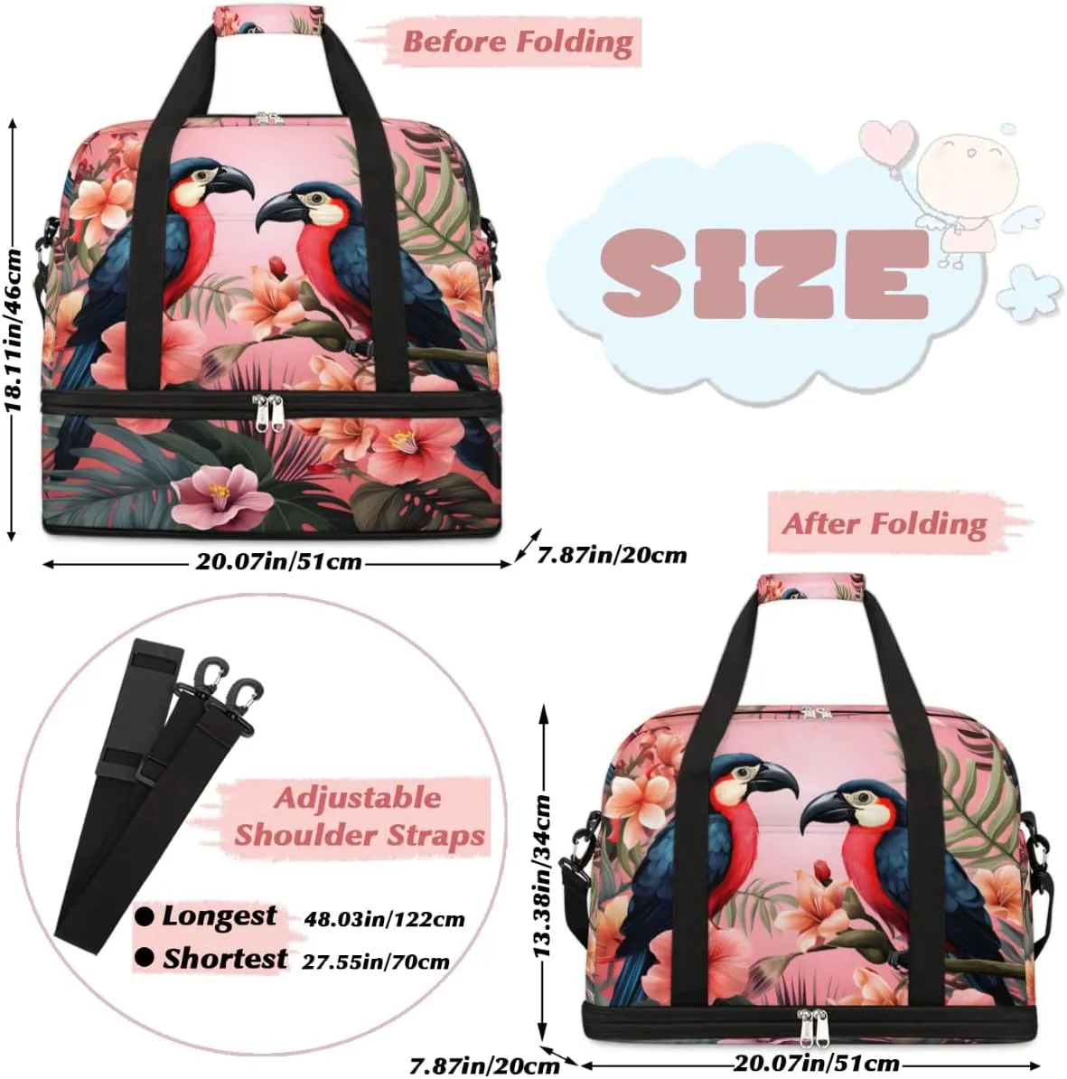 Birds Cute Foldable Travel Duffel Bag Overnight Weekender Bag with Shoes Compartment Sports Gym Bag for Men Women